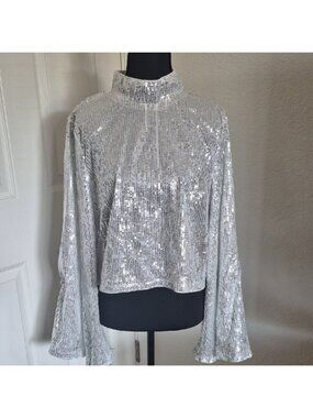 Silver Sequin Mock-Neck Long-Sleeve Top